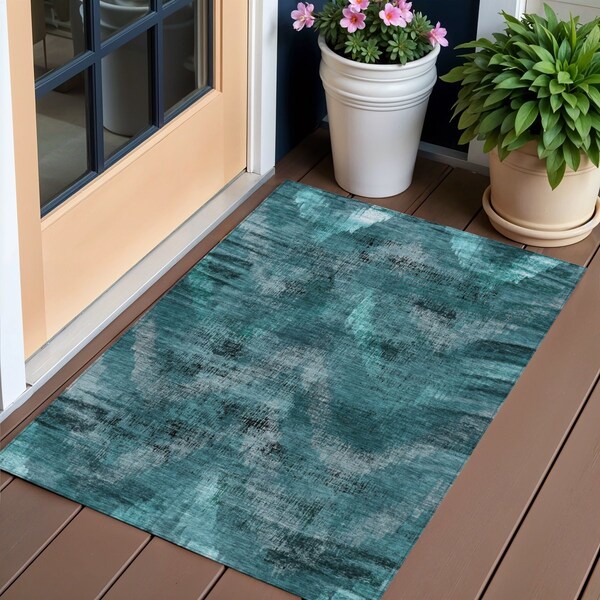 Homeroots 3' X 5' Teal Blue Aqua And Gray Abstract Washable Indoor Outdoor Area Rug 587152 - main