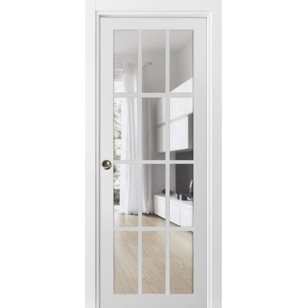 Sartodoors Sliding French Pocket Door with Clear Glass 12 Lites, Felicia 3355 White Silk, Kit Trims Rail Hard FELICIA3355PD-WS-3696 - main