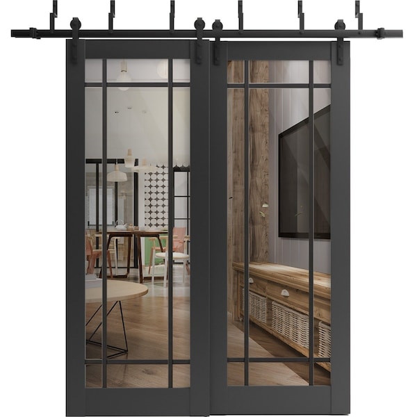 Sartodoors Sliding Closet Clear Glass Barn Bypass Doors, Lucia 2266 Matte Black and Aluminum Strips, Sturdy 6 LUCIA2266BBB-BLK-72 x 84 (2* 36x84) - main