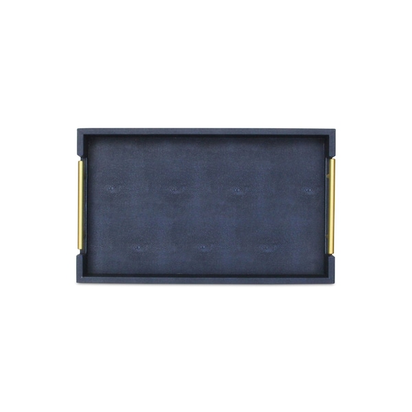 Homeroots 16in Navy Blue Wood Faux Shagreen Serving Tray With Handles 518599 - main