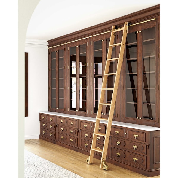 Quiet Glide 8.92 ft. Red Oak Sunburst Wheel Brushed Satin Brass Rolling Hook Removable Ladder, 12 ft. Rail QG.510-9RO-12-H.06B - main