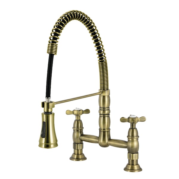 Kingston Brass Double-Handle Deck-Mount Pre-Rinse Bridge Kitchen Faucet, Antique Brass GS1273BEX - main