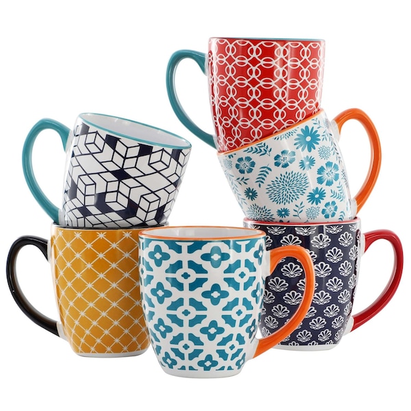 Elama Rory 6 Piece 16 Ounce Assorted Design Stoneware Mug Set in Assorted Colors 750123730M - main