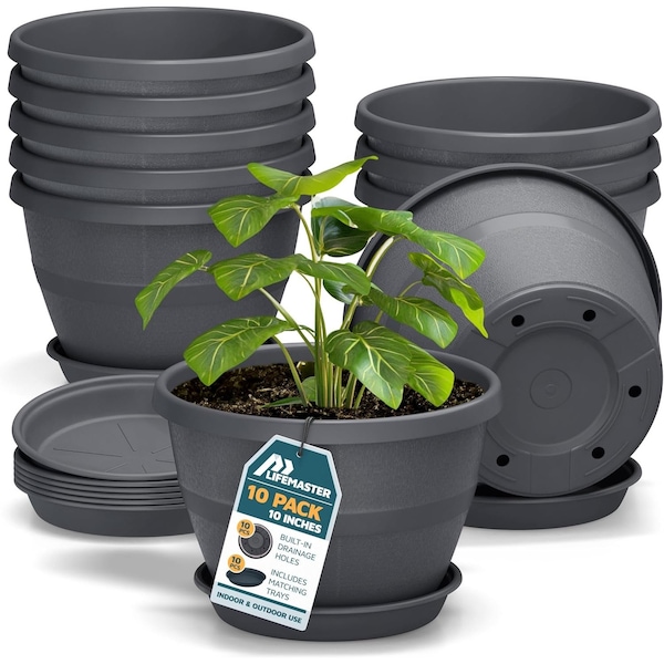 Lifemaster 10-Inch Whiskey Barrel Planters, Durable Plastic Pots with Drainage and Saucer, 10PK LMPBP10GRY10 - main