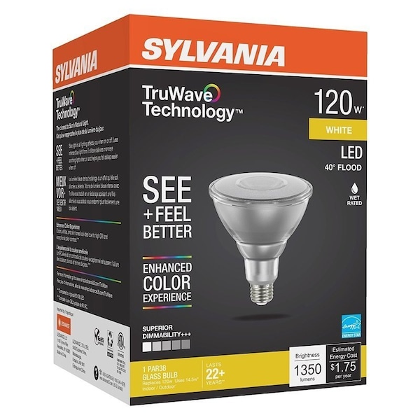 Sylvania 40905 Natural LED Bulb, Floodlight, PAR38 Lamp, E26 Lamp Base, Dimmable, Clear, Cool White Light 41865 - main