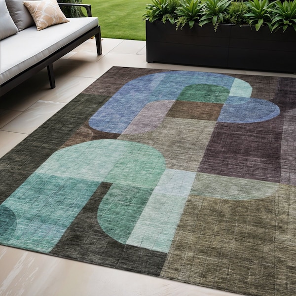 Homeroots 5' X 8' Brown Blue And Green Abstract Washable Indoor Outdoor Area Rug 604471 - main