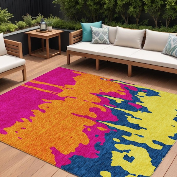Homeroots 10' X 14' Pink Orange And Blue Abstract Washable Indoor Outdoor Area Rug 613643 - main