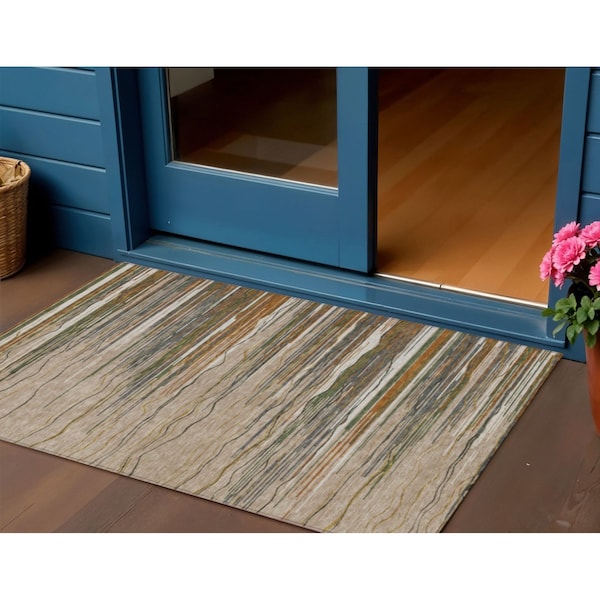 Homeroots 3' X 5' Taupe Copper And Green Striped Washable Indoor Outdoor Area Rug 597295 - main