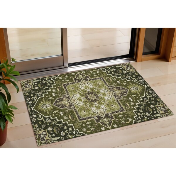 Homeroots 3' X 5' Olive Green Ivory And Brown Oriental Washable Indoor Outdoor Area Rug 600174 - main