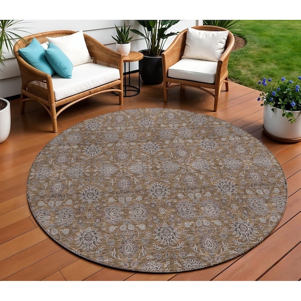 Homeroots 8' Chocolate And Gray Round Floral Washable Indoor Outdoor Area Rug 582262 - main