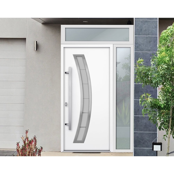 Vdomdoors Steel Door Deux 6500 White Sidelight and Transom Window Stainless Inserts Single Modern Painted-W36 DEUX6500EXD-WS-W36+14 x H80+16-Right-hand Inswing - main