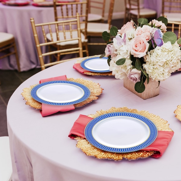 Smarty Had A Party 10.25" White with Gold Spiral on Blue Rim Plastic Dinner Plates (120 plates), 120PK 670BG-CASE - main