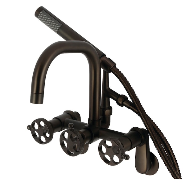 Kingston Brass Three-Handle 2-Hole Adjustable Wall Mount Clawfoot Tub Faucet with Knurled Handle and Hand Shower AE8455RKX - main