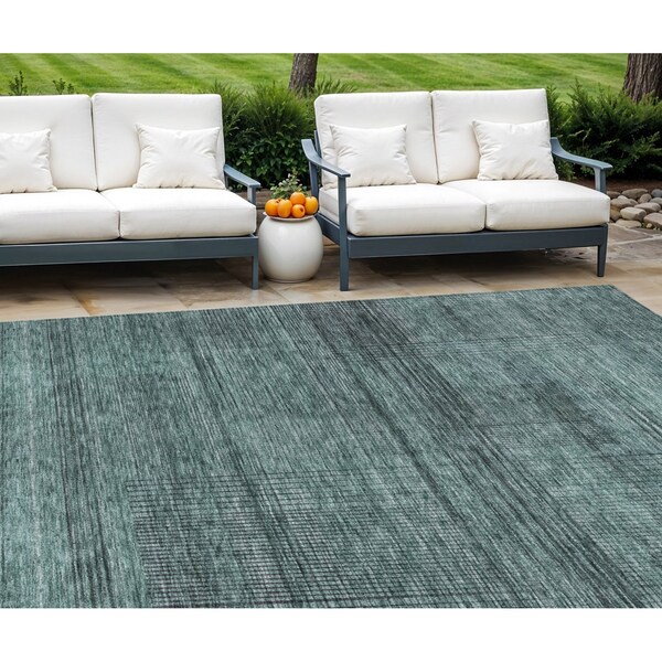 Homeroots 8' X 10' Teal Blue Aqua And Gray Striped Washable Indoor Outdoor Area Rug 588127 - main