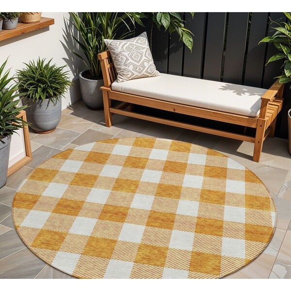 Homeroots 8' Orange And Beige Round Plaid Washable Indoor Outdoor Area Rug 595417 - main