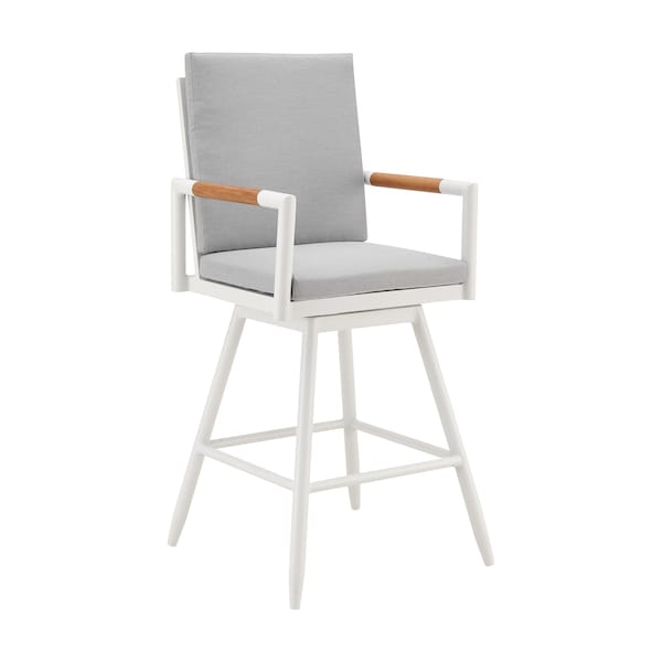 Armen Living Crown Outdoor Patio Swivel Counter Stool in White Aluminum with Wood Accent and Light Gray Cushions LCCRSWBAWH26 - main
