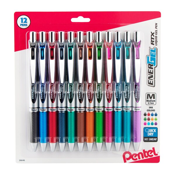 Pentel EnerGel RTX Retractable Liquid Gel Pen, 0.7mm Medium Line, Assorted Ink, 12-Color Set BL77BP12M - main