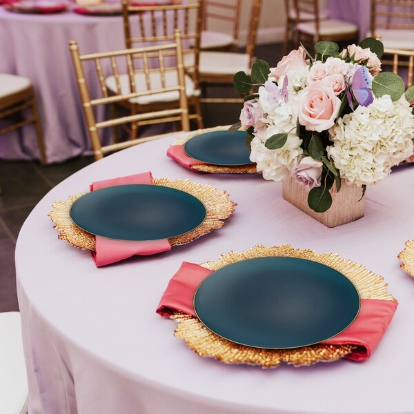 Smarty Had A Party 7.5" Navy with Gold Rim Organic Round Disposable Plastic Appetizer/Salad Plates (120 Plates), 120PK 937NG-CASE - main