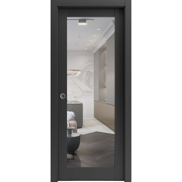 Sartodoors Sliding French Pocket Door, Lucia 1299 Matte Black with Mirror, Kit Trims Rail Hardware, Solid Wo LUCIA1299PD-BLK-18 - main