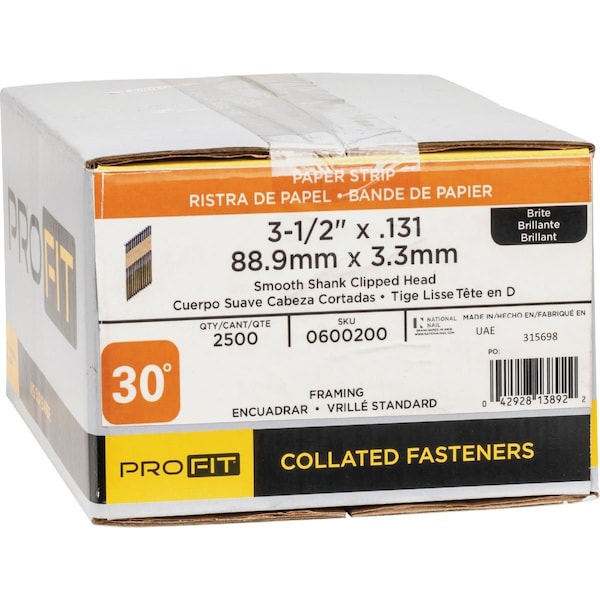 Pro-Fit 3-1/2'' x 0.131'' 30 Degree Paper Tape Smooth Shank Clipped Head Brite Framing Stick Nails, 2500 Ct. 600200 - main