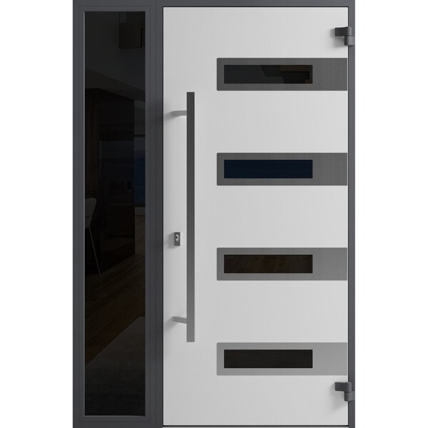 Vdomdoors Front Exterior Prehung Steel Door Ronex0131 Black Enamel Sidelight Exterior Window Sidelite RONEX0131EXD-BLK-W36+12 X H80-LH-I - main