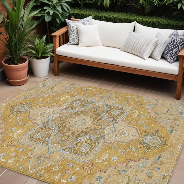 Homeroots 10' X 14' Gold Beige And Blue Oriental Washable Indoor Outdoor Area Rug 600161 - main