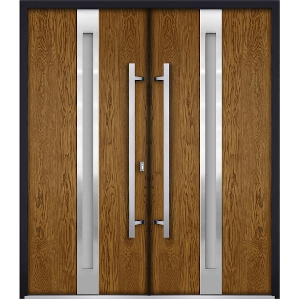 Vdomdoors Metal Double Doors Deux 1744 Natural Oak Frosted Glass Entry Modern Painted (W72xH80) Left hand Ins DEUX1744DEXD-OAKB-W72xH80-LH-I - main