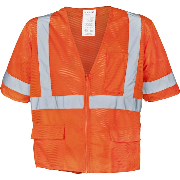 Ironwear Class 3 Hi Vis 5 Pocket Reflective Safety Vest w/ Zipper, Orange/5X-Large 1294-OZ-5XL - main