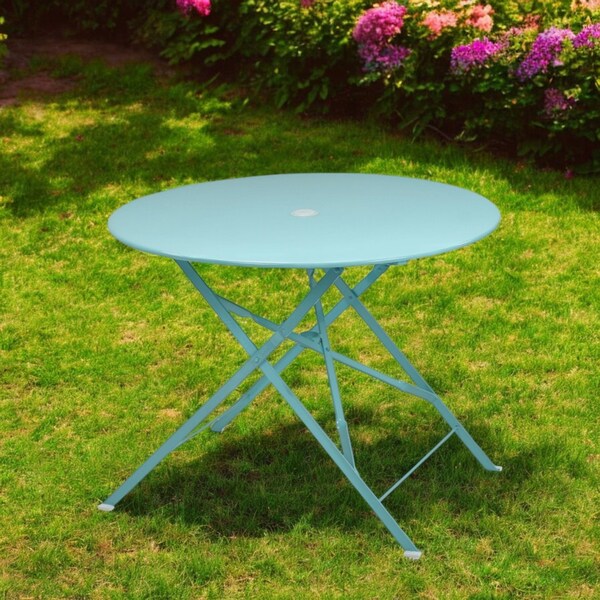 Homeroots 36" Aqua Rounded Aluminum Folding Outdoor Dining Table with Umbrella Hole 606432 - main