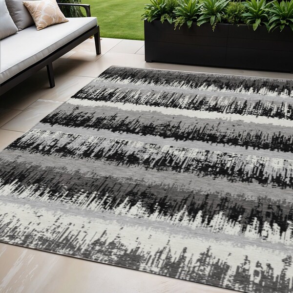 Homeroots 5' X 8' Black Gray And Ivory Striped Washable Indoor Outdoor Area Rug 598317 - main