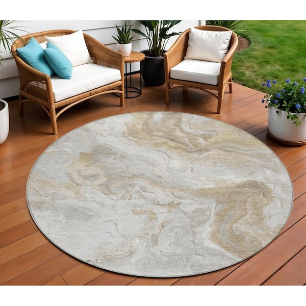 Homeroots 8' Ivory And Beige Round Abstract Washable Indoor Outdoor Area Rug 617634 - main