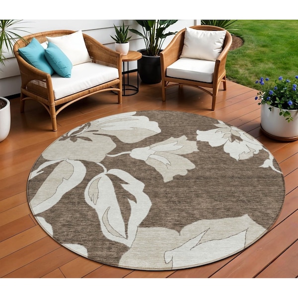 Homeroots 8' Brown Beige And Taupe Round Floral Washable Indoor Outdoor Area Rug 589532 - main