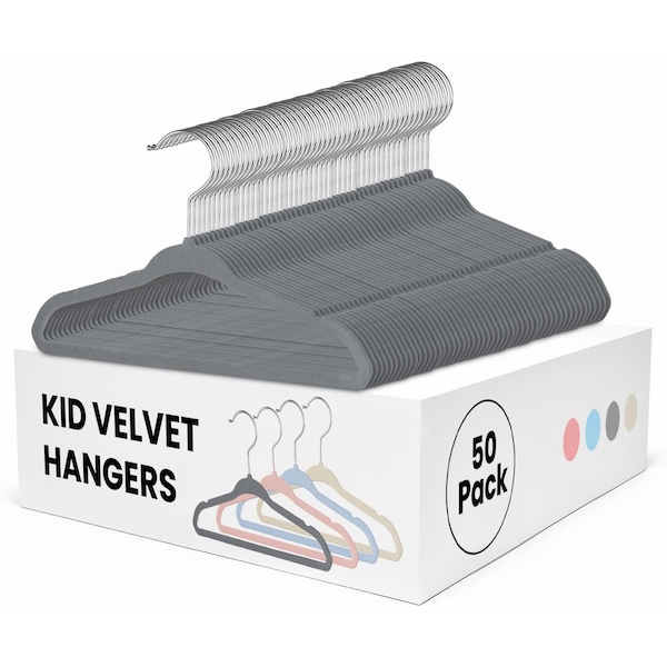 Simple Deluxe Kids Velvet Hangers, 11 Inch Durable Children Hangers for Closet, Grey, 50PK HKHANGVELVETKID50GRY - main