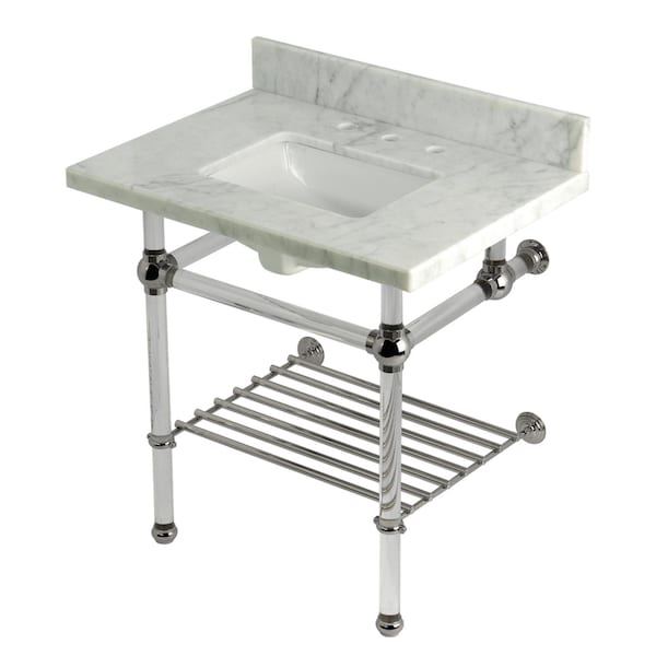 Kingston Brass 30-Inch Carrara Marble Console Sink with Acrylic Legs and Shelf, 8-Inch, 3-Hole KVPB3030MASQB6 - main