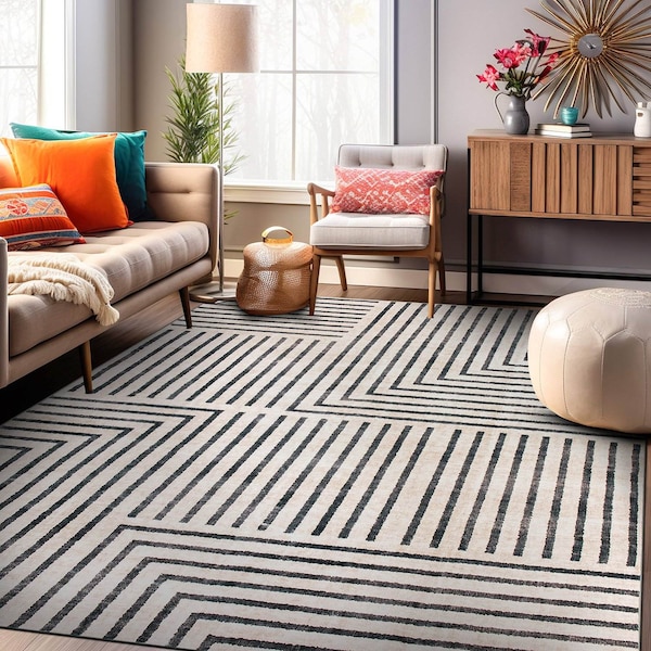 World Rug Gallery Distressed Bohemian Stripes Washable Non Slip Area Rug 5 ft x 7 ft Beige WR76BEIGE5X7 - main