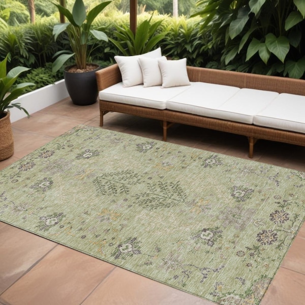 Homeroots 10' X 14' Artichoke Green Brown And Beige Floral Washable Indoor Outdoor Area Rug 605448 - main