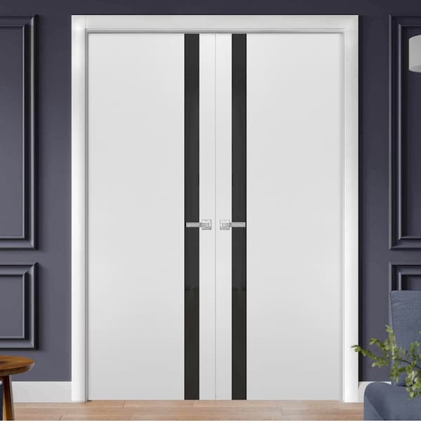 Sartodoors Solid French Double Doors, Planum 0040 White Silk with Black Glass, Wood Solid Panel Frame Trims, C PLANUM0040DD-WS-36 - main