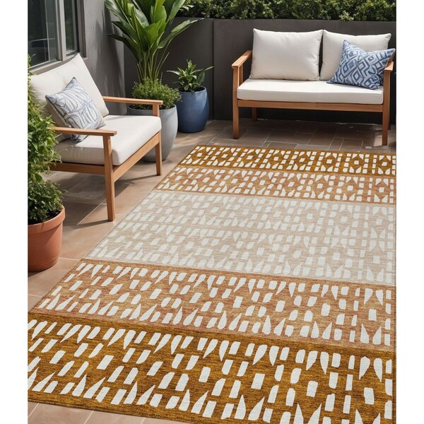 Homeroots 5' X 8' Orange Beige And Ivory Geometric Washable Indoor Outdoor Area Rug 613862 - main