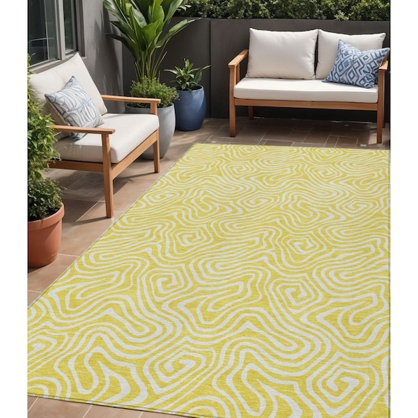 Homeroots 5' X 8' Yellow And Ivory Abstract Washable Indoor Outdoor Area Rug 599773 - main