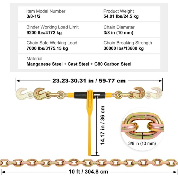 Vevor Ratchet Chain Binder 3/8"-1/2" Load Binders 12000 lbs with G80 Chains 2PCS, 2PK 3/8~1/2LT02 - main