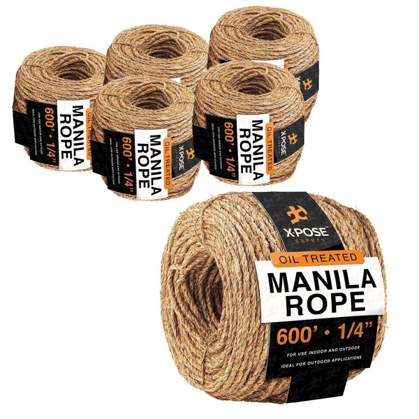 Xpose Safety Manila Rope, 1/4 Inch 600ft 3-Strand Natural Fiber Cordage for Crafts & Outdoor Use, 6PK MR14-600-6-X-S - main