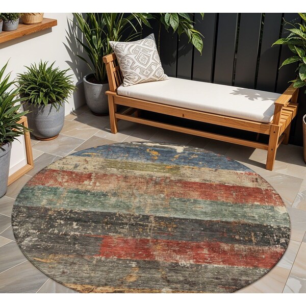 Homeroots 8' Fern Green Black And Terra Cotta Round Striped Washable Indoor Outdoor Area Rug 605981 - main