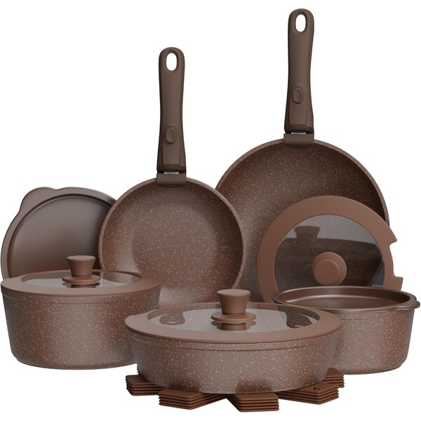 Bakkenmaster Bakken 17-Piece Ceramic Coated Aluminum Cookware Set, Nonstick, PTFE & PFAS Free BKCWSTK15BRWN.17 - main