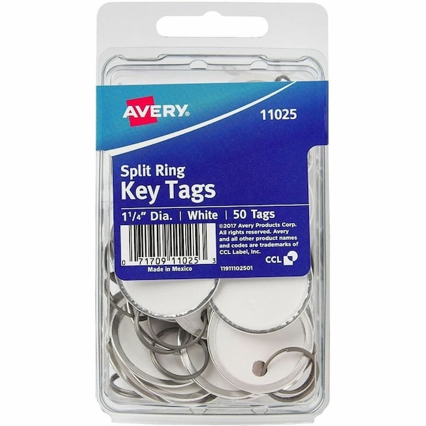 Avery Metal Rim Key Tags, Metal, 1.3" Dia., White, Round, 50 PK AVE11025 - main