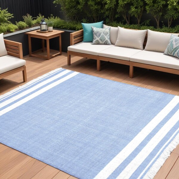 Homeroots 9' X 12' Blue Striped Handmade Indoor Outdoor Area Rug 533586 - main