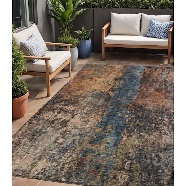 Homeroots 5' X 8' Blue Copper And Brown Abstract Washable Indoor Outdoor Area Rug 606057 - main