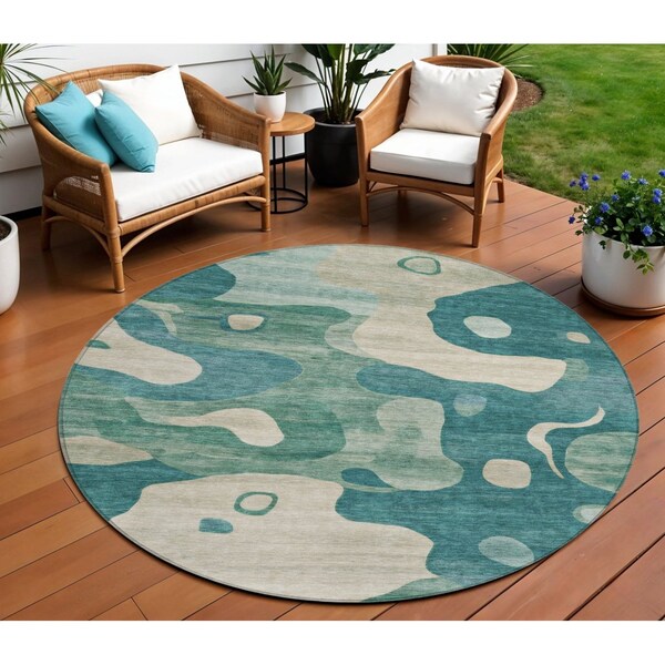Homeroots 8' Teal Blue Ivory And Beige Round Abstract Washable Indoor Outdoor Area Rug 630611 - main