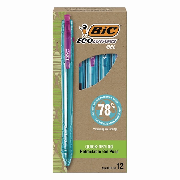 Bic Ecolutions Gel Pen, Retractable, Medium 1 mm, Assorted Ink Colors, Blue Barrel, 12PK RGLE11-AST - main