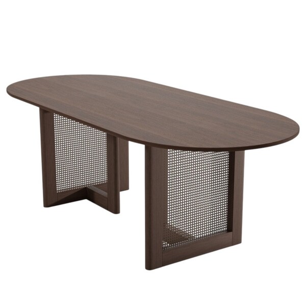 Homeroots 79" Brown Solid Wood and Rattan Sled Base Oval Dining Table 712184 - main