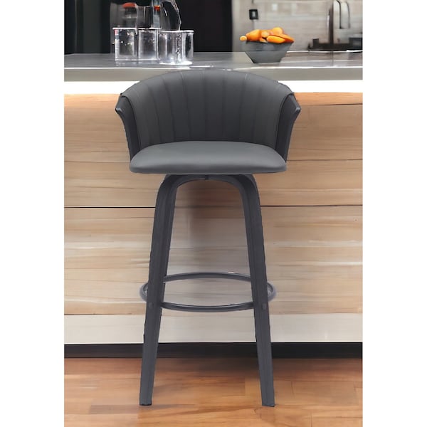 Homeroots 30" Gray And Black Faux Leather Swivel Bar Height Bar Chair 534424 - main